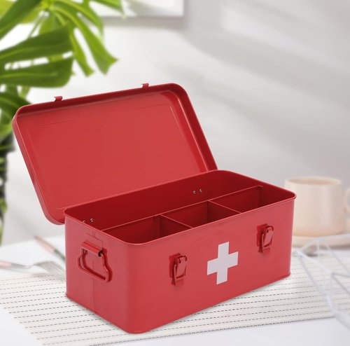First Aid Medicine Box - Metal Storage Tin with Safety Lock for Home Emergency Kit - Red