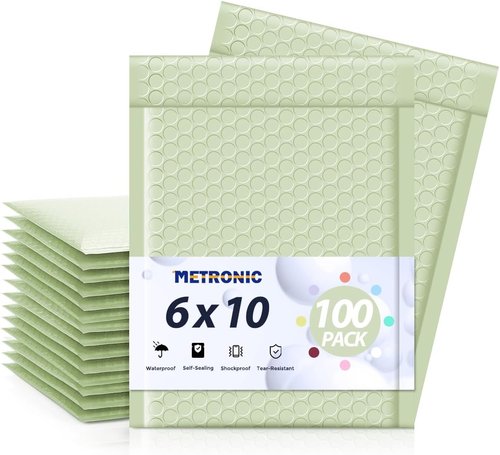 Metronic Bubble Mailers - 100 Pack Mint Green Self-Seal Padded Envelopes | Waterproof 6x10" Size for Jewelry Shipping