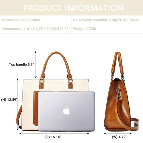 BROMEN Womens Briefcase Leather 15.6 inch Laptop Shoulder Bag Business Tote Handbag Brown with Beige
