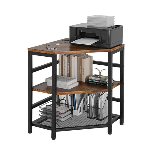 jarrvz Corner Printer Stand with Charging Station and LED Lights, 3-Tier Corner Printer Stand Table, Triangle Corner Table for Small Space Office Living Room，Corner tv Stand，Rustic Brown, Retro