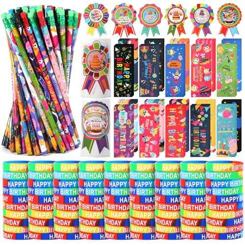 Kolewo4ever 500 Pieces Happy Birthday Gifts Set:100 Pcs Happy Birthday Pencils,100 Pcs Bookmarks and 200 Pcs Badge Stickers