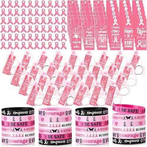XunYee 240 Pcs Breast Cancer Awareness Items Set Pink Ribbon Silicone Wristband Bracelets with Pins Bookmarks Cancer Awareness Accessories Bulk Gifts for Women Charity Events