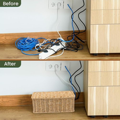 Stylish Rattan Desk Organizer Set: Cable Management Box and 5-Slot Remote Control Caddy for Home Office