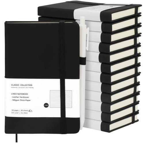 Coopay 12 Pack A6 Pocket Small Notebook with 12 White Pens Bulk Classic Hardcover Leather Journal Set with Pen Holder for Men Women Writing, Office, Home, School, Business, 100GSM, 3.5” x 5.5”, Black