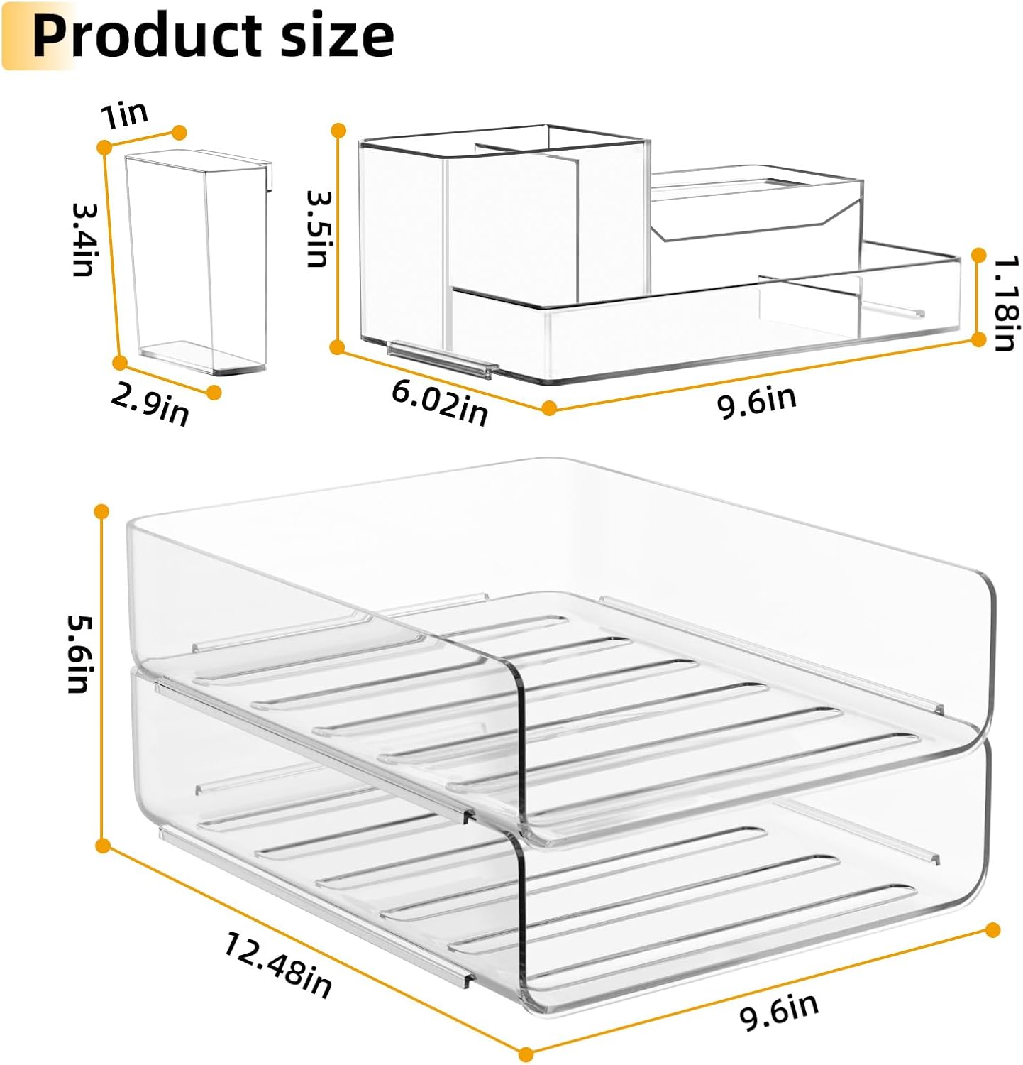 YKLSLH Paper Organizer - Clear Acrylic Stackable Desk File Tray with 5 Compartments & Pencil Holder