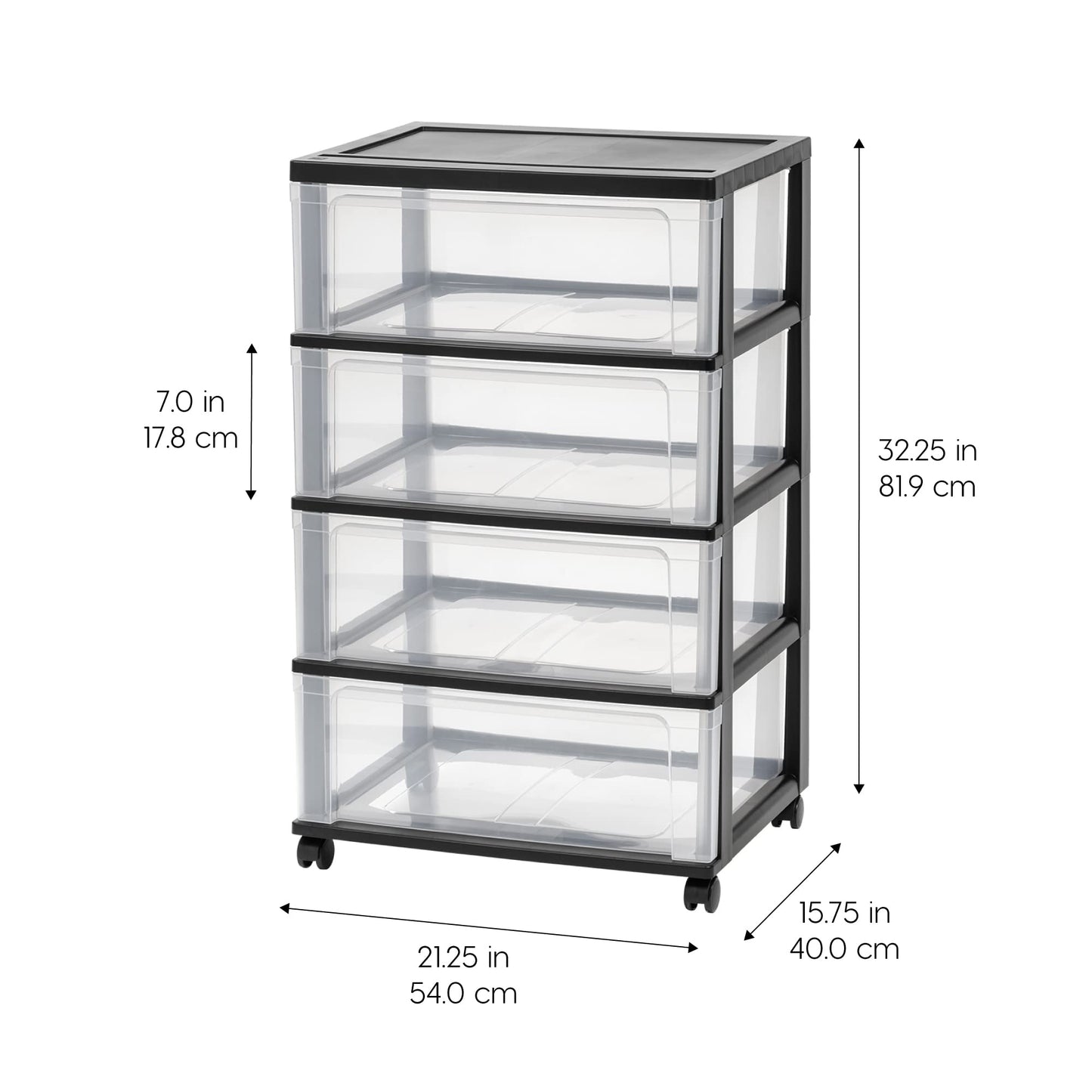 IRIS USA Plastic Drawer Storage Organizer Rolling Cart, with Wheels Casters, 4-Drawers, for Art Craft Supplies Bathroom Dorm Bedroom Laundry Room, Wide, Black