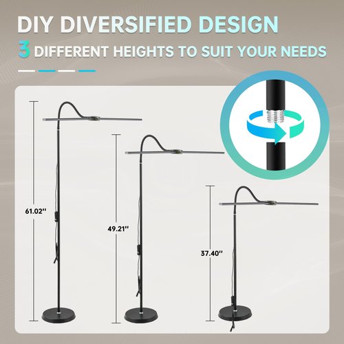 Rtrevlo LED Floor Lamp with Remote, 24W 2400LM Dimmable Standing Light with Double Heads and Adjustable Gooseneck, Modern Tall Lamp for Bedroom, Office, Living Room, Eyelash Extensions & Crafting