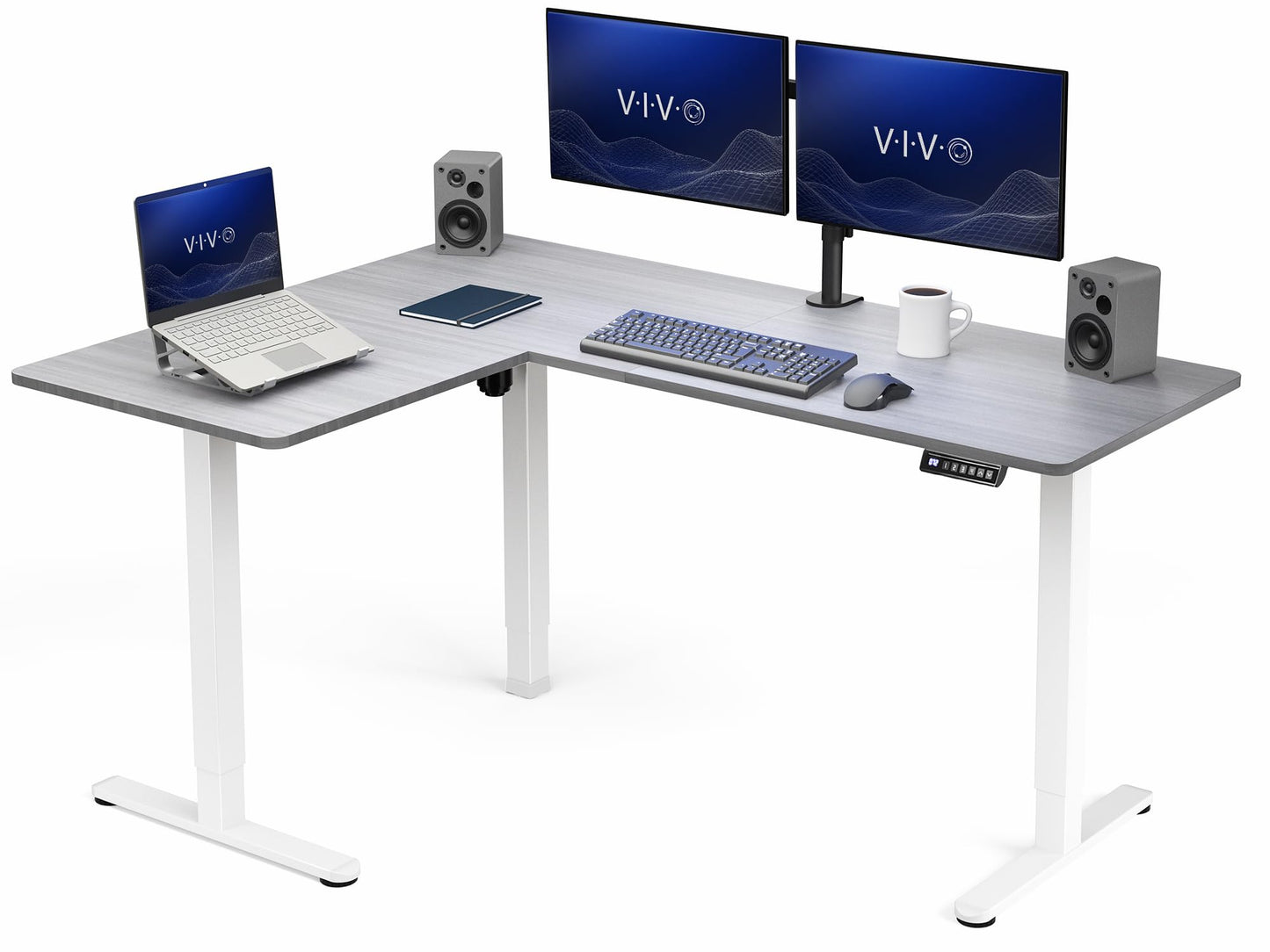 VIVO Corner Standing Desk, 63 x 47 inch Reversible L-Shaped Workstation, Electric Height Adjustment, Home, Office, and Reception Rooms, Dark Gray Table Top White Frame, DESK-E3CTWG-47