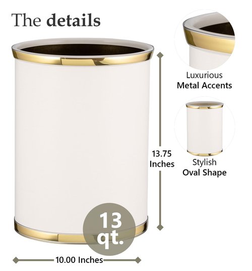 Kraftware 50274 Sophisticates W/Polished 14" Oval Waste Basket Wastebasket, White with Brass