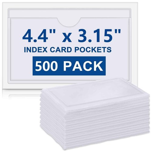 Outus 500 Pack Self Adhesive Index Card Holder Clear Plastic Label Pockets with Top Open for Loading Sticky Business Card Sleeves for Storage Bins Library Organizing Photo Protecting(3.6 x 4.8 Inch)