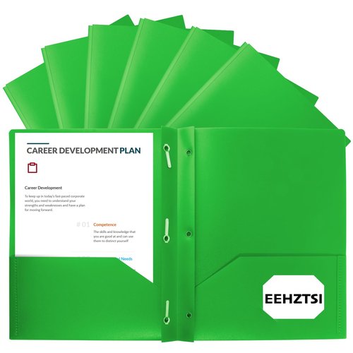 EEHZTSI 12-Pack Plastic Folders with Pockets and Prongs,2-Pocket Folders with 3 Fasteners, Poly Folders Holds 8-1/2" x 11" Paper for School/Office/Home, Green