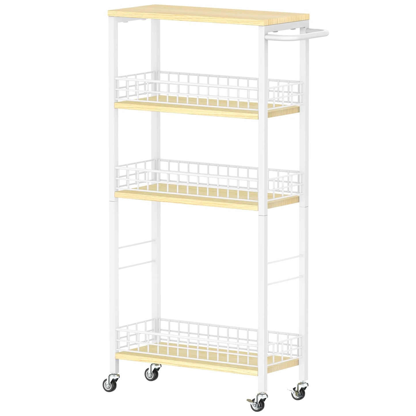 Slim Storage Cart White Narrow Storage Cabinet 4 Tier Laundry Room Organization Mobile Bathroom Shelving Unit Organizer Rolling Utility Cart Slide Out Kitchen Cart Tower Rack for Narrow Places 7.08’’W