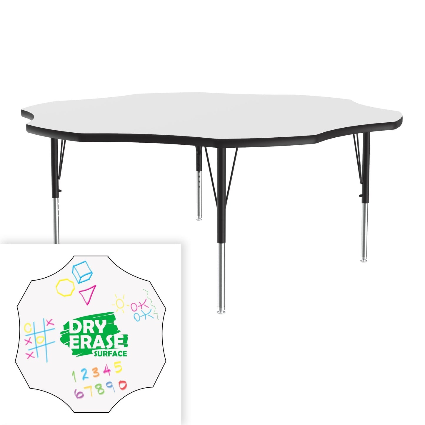 Correll 60" Flower Shaped, Classroom Dry Erase/Markerboard Top Activity Table, Height Adjustable (19"-29), White Durable High Pressure Laminate, School Furniture, Made in The USA