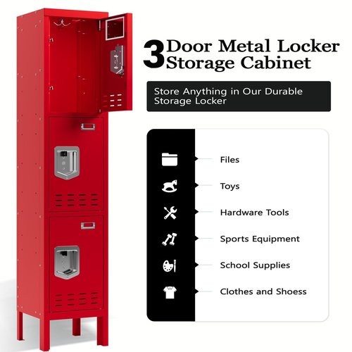 SAPITAL Metal Locker with 3 Doors Employees Locker, Metal Storage Locker with Hooks, 66" Storage Cabinet Lockers for Employees, Home, Office, Gym Requires Assembly (Red)
