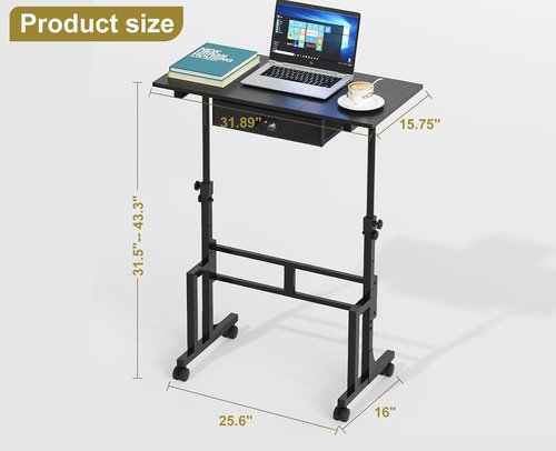Skiennix Adjustable Height Standing Desk - Rolling Sit-Stand Desk with Drawer & Wheels, Black