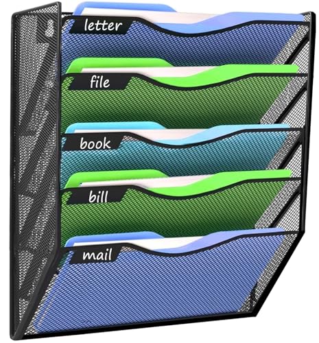 Kuntine.B Black 5-Tier Wall File Organizer for Office & Home - Hanging Magazine Holder