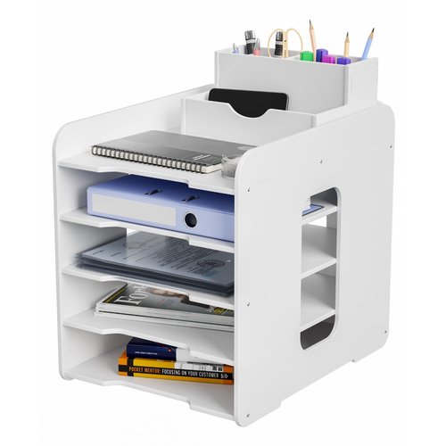 Soulrange 5-Tier Paper Organizer & File Holder for Desk Desktop - Heavy-Duty PVC Storage Rack with Detachable Pen Tray, Office Desk Organizer for Home Office School Classroom