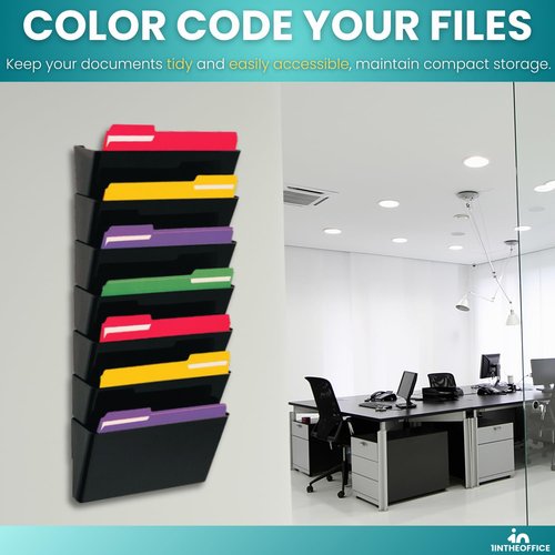 1InTheHome Hanging Wall File Organizer, Wall Mounted File Holder, Letter Size, 7 Pocket, Expandable, Black