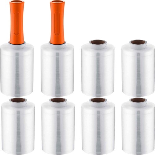 Jutom 8 Pcs Clear Stretch Wrap Roll Plastic Wrap for Moving with 2 Handles 5" x 1000 ft Cling Packaging Shrink Film Self Adhering Shipping Supply for Moving Bounding Storing Pallet Furniture (Orange)