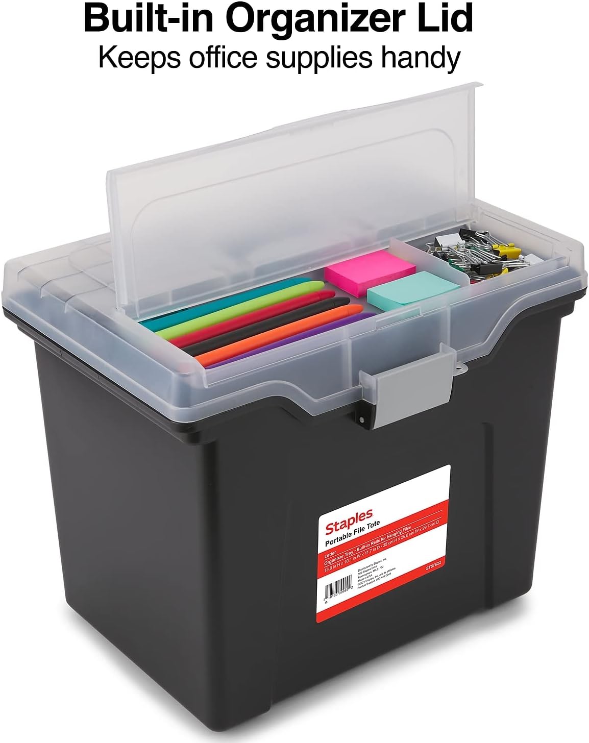 STAPLES File Folder Tote - Portable Filing Box for Letter Size Folders with Security Latch | Black/Clear