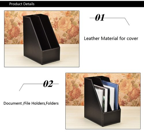 Vertical Style,Leather Magazine Holder Office Desk Organizer File Document Tray Box Bookends Book Stand (Black (2 Slot))