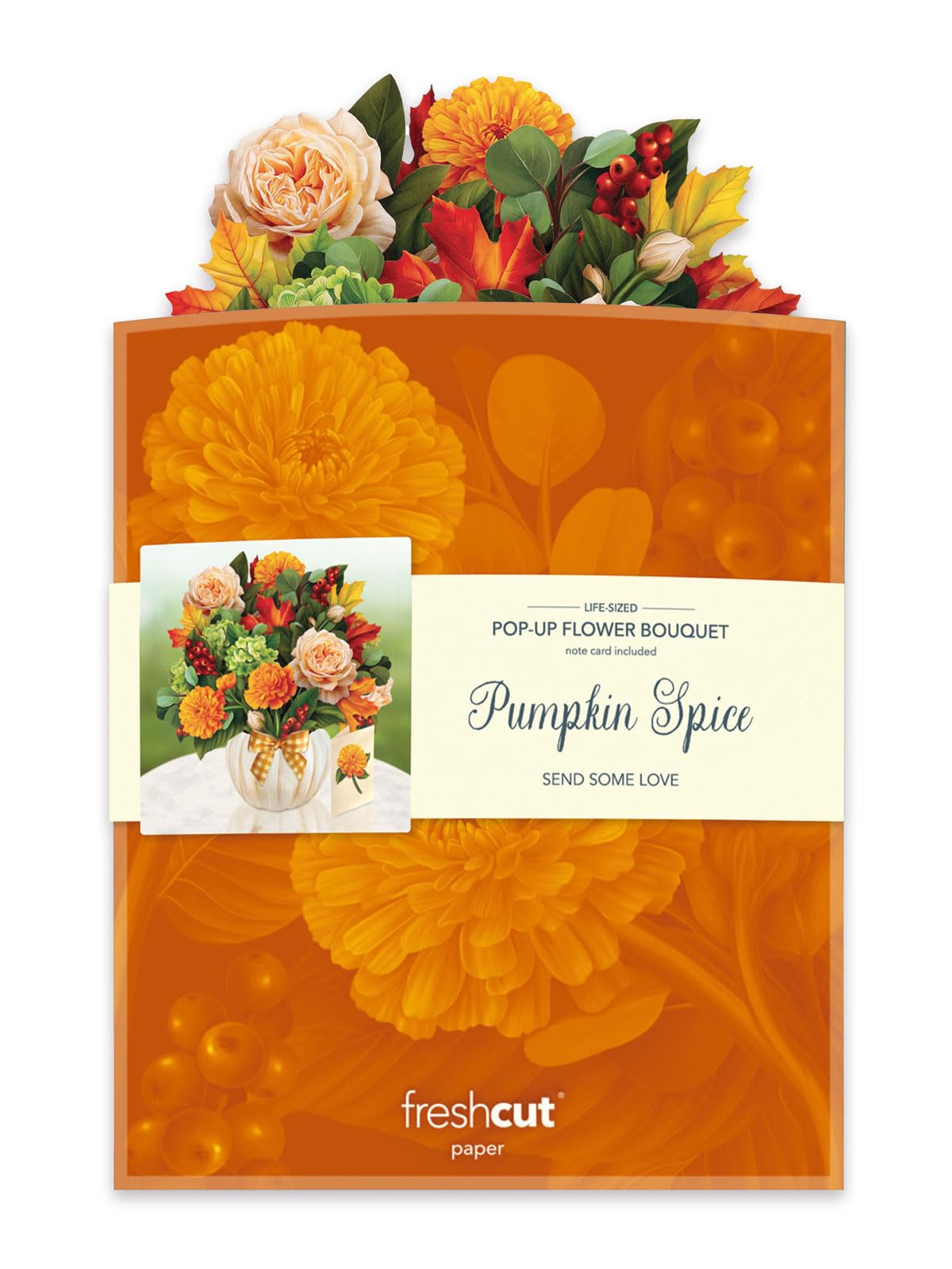 Freshcut Paper Pop Up Cards, Pumpkin Spice, 12 Inch Life Sized Forever Flower Bouquet 3D Popup Greeting Card, Autumn Cards, Birthday Card, Blank Notecard & Envelope