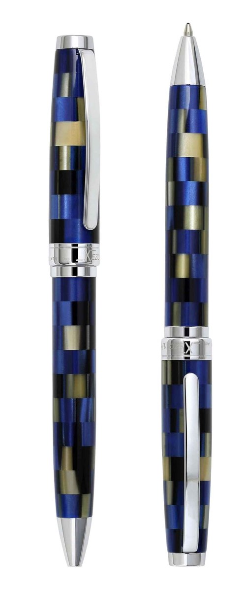 Xezo Urbanite Ballpoint Pen, Medium Point. Retro Blue, Black, and Cream Checkered Acrylic on Brass and Aluminium. Chrome Plated. Limited Edition and Serialized. No Two Alike