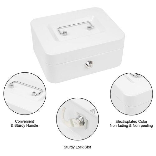POLSPAG Cash Box with Key Lock Metal Money Box with Removable Coin Tray Medium Safe Lock Box Durable Money Saving Organizerfor Security Lock Safe Box for Office Small Business 7.87 x 6.3 x 3.54 inches