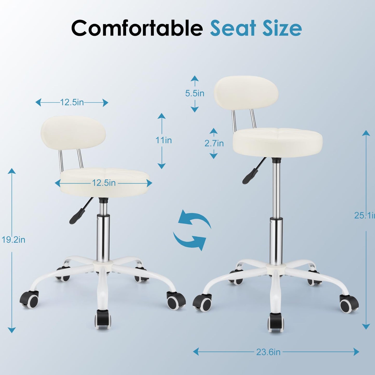 FNZIR PU Leather Rolling Stool with Back Support Height Adjustable Swivel Stool Chair with Wheels Drafting Chair for Spa Slaon Massage Stable Base Foot White