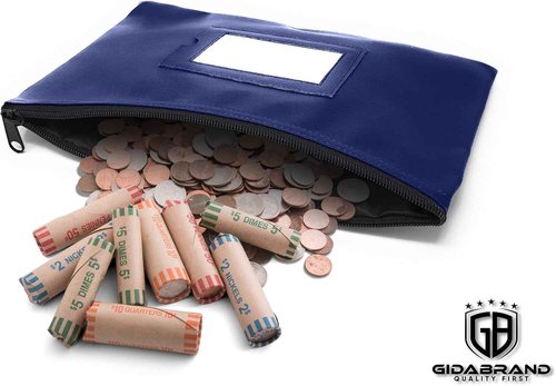 Money Bank Deposit Bag with Zipper | 11x6 inch | Navy blue | Durable Leatherette Money Cash Coin Check Wallet Pouch for Men & Women with Framed ID Window and Blank Card | by GIDABRAND (10)