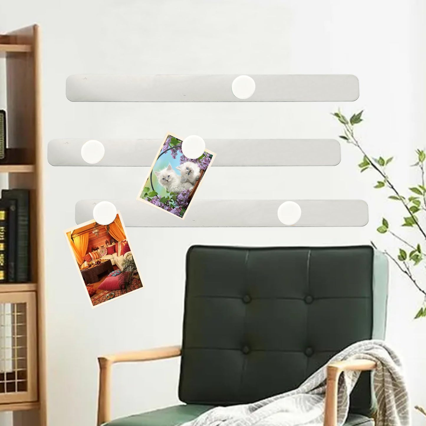 PYJLBX Magnetic Bulletin Board Strips Frameless Stainless Steel Iron Strips, Adhesive Backing Magnet Board Bar, Memo Board with 10 White Magnets, Magnetic Strip Set for Wall School Office Home, 2 Pack