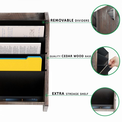 J JACKCUBE DESIGN Wall Document File Organizer Rustic Wood Magazine Rack with 5 Compartments Hanging Mail Holder for Home, Office - MK624A