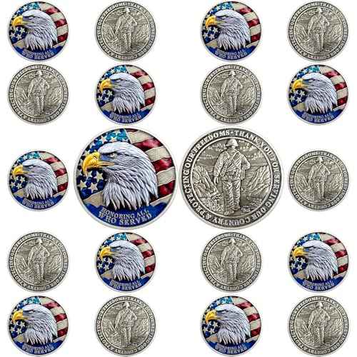 20 PCS Veteran Challenge Coins Bulk - Thank You for Your Service Coin, Military Appreciation Coin, Double-Sided Veterans Coin with Bald Eagle and Soldier Design for Veteran Thank You Gifts