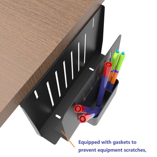 JINGCHENGMEI Desk Side Storage Organizer, Steel Under Desk Laptop Mount, Depth Adjustable Hanging File Organizer, Drilling Laptop Storage Holder with Magnetic Pen Holder for Office or Home