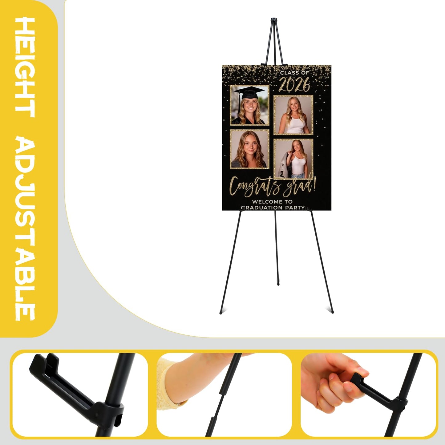 Yookeer 63'' Graduation Easel Stand for Sign Picture Senior 2026 Graduation Welcome Sign Stand End of Year Wedding Picture Display Grad Metal Stands for High School College Grad Party Photo Prop
