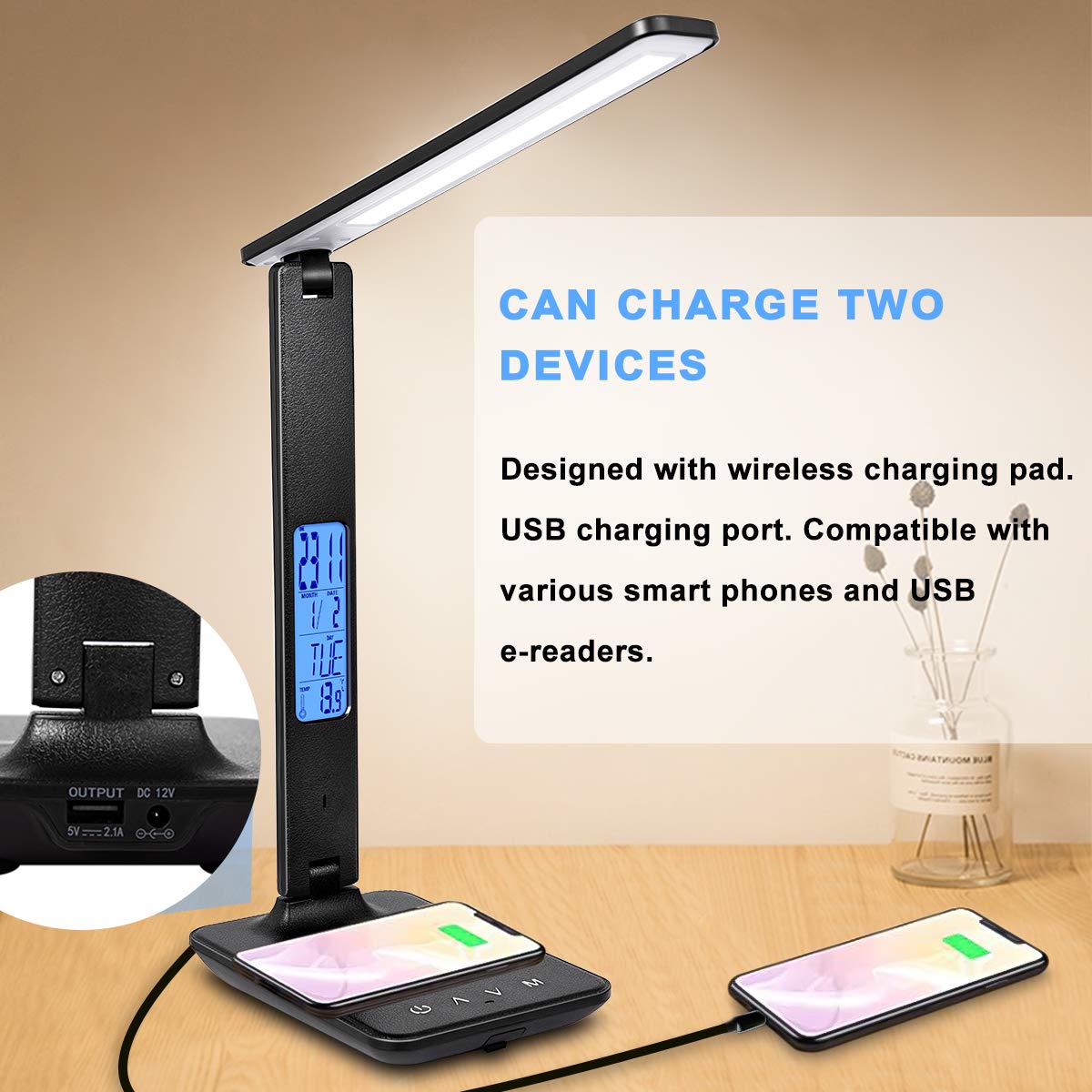XIZDDL LED Desk Lamp with Wireless Charger, Suitable for Home, Office Dimmable, with USB Charging Port, Built-in Clock, Calendar, Thermometer and Automatic Timing Reading Desk Lamp.