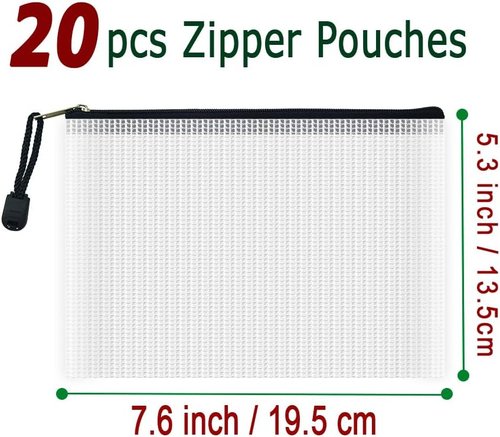 AUSTARK Mesh Zipper Pouch Bags - 20pcs Waterproof Storage for Office, School & Travel | B6 Size (7.6''x5.3'', White & Black)