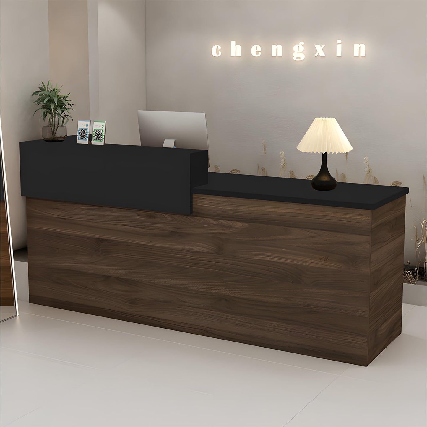 LSZMXI Modern Reception Desk with Drawer & Open Shelves, 39-95 Inch Front Counter Table, Computer Workstation Suitable for Salons, Offices, Lobbies, Retail Stores and Home Offices