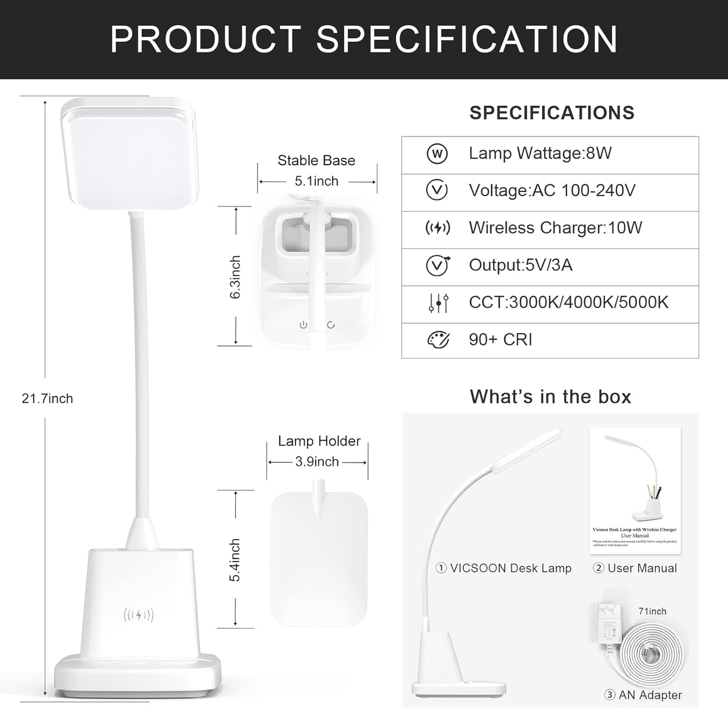 Skiennix LED Desk Lamp with Wireless Charger - 800LM, 3 Color Modes, Flexible Arm & Pen Holder for Home Office