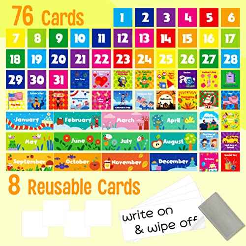 Calendar Pocket Chart, Classroom Monthly Pocket Chart with 76 Cards (68 Illustrated Activity Cards, 8 Dry Erase Blank Cards) plus 3 Over Door Metal Hangers for Classroom Home Preschool (20" x 19")