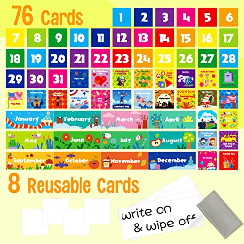 SpriteGru Blue Classroom Calendar Pocket Chart with 76 Cards & 3 Over-Door Hangers - 20x19 Inches