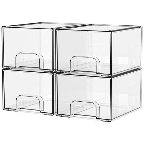 Yieach 4 Pack Stackable Storage Drawers,4.4" Tall Makeup Organizer Countertop,Clear Acrylic Storage Containers Bins for Vanity,Bathroom,Undersink,Plastic Baby Bottle and Medicine Cabinet Organization