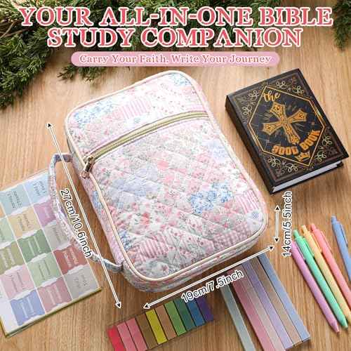 Large Bible Bag Quilted Bible Cover Case Kit for Women Church Bag with Shoulder Strap Study Supplies Carrying Case 6 Highlighters 5 Pens Tabs Journaling Kit Christian Gifts(Spliced Flower)
