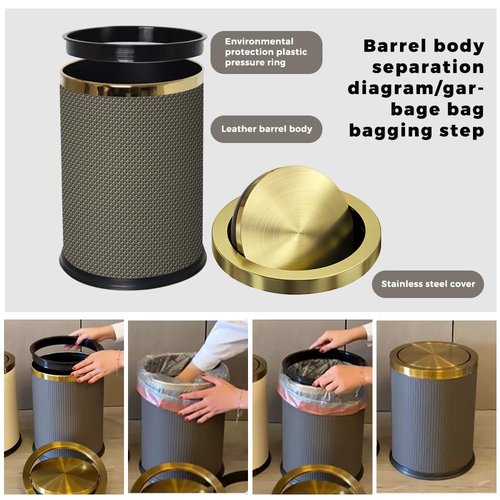 YOJIA 2.4 Gallon Bathroom Trash Can with Lid, Pu Leather Modern Garbage Can, Round Decorative Waste Basket, for Near Desk, Powder, Bedroom, Hotel, Office, Home (9L-Checked Grey)