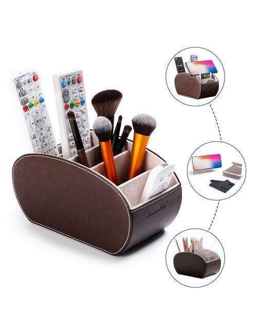 PU Leather Multi-Functional Office Organizar Box Remote Control Holder Desk Storage Suppliers Caddy Table with 5 Compartment Store TV Remote, Brush, Pencil, Glasses, Media Player (Dark Brown)