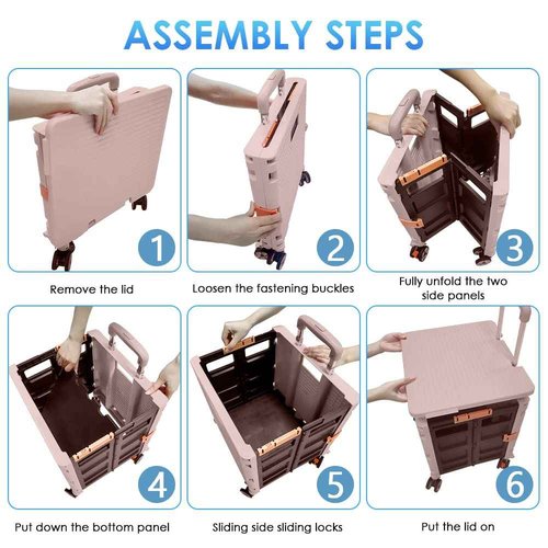 SELORSS Foldable Utility Cart Portable Collapsible Crate Rolling Carts with Wheels Rolling Tote Basket Teacher Cart with Lid Wear-Resistant 360°Rotate Wheel Noiseless for Shopping Storage Office Use