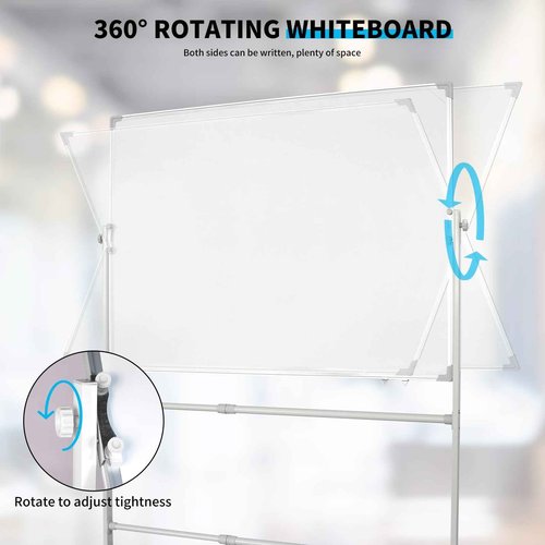 Mobile Double-Sided Whiteboard 48" x 36" with Stand, Portable Rolling Dry Erase Board, Includes 1 Eraser, 2 Markers, 4 Magnetic Pins, Aluminum Frame for Office, Home, School, Classroom