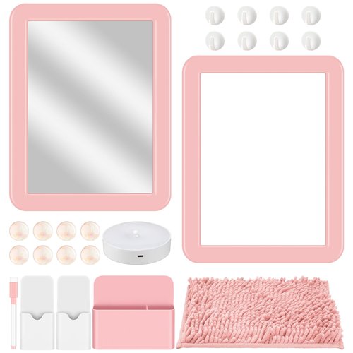 Chuangdi 24 Pcs Locker Accessories Kit Magnetic Organizer Set with Mirror Whiteboard Locker Rug Storage Box LED Light and Hook Back to School Essentials Decoration for Girls School Supplies(Pink)