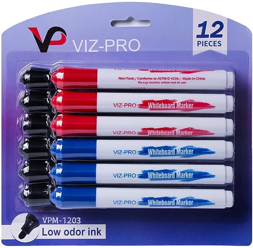 VIZ-PRO Magnetic Dry Erase Board - 36" X 24" Silver Aluminum Frame with 3 Erasers & 12 Markers