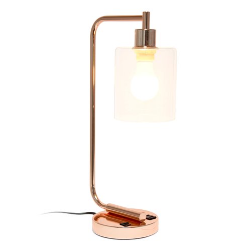 Simple Designs LD1066-RGD-LB Industrial Vintage Bronson Iron Lantern Desk Table Lamp with USB Port and Glass Cylinder Shade for Office, Living Room, Bedroom, Rose Gold, with Feit LED Bulb Included